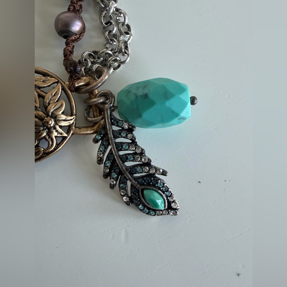 Lucky Brand Charm Bracelet β Silver Feather, Turquoise & Rhinestones - Picture 4 of 5